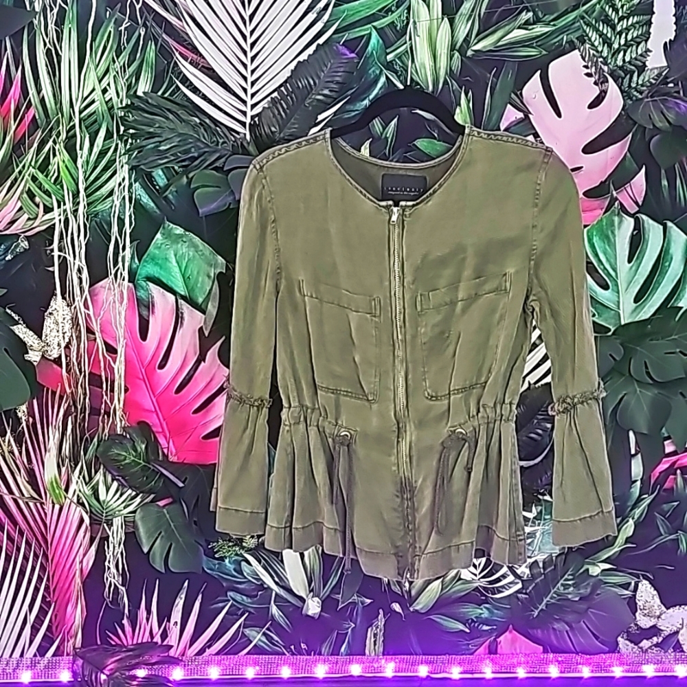 Sanctuary Womens Military Frill Peplum Jacket Full Zip Raw Edge Pockets Green XS